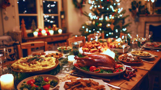Christmas table with turkey and food