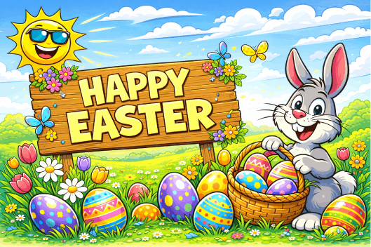 Easter Bunny with a smiling happy sun and multi coloured Easter eggs