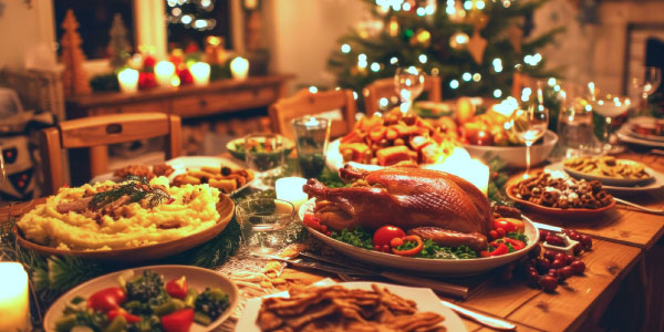 Christmas dinner table set with food for Christmas Day meal including turkey and sprouts and all the trimmings